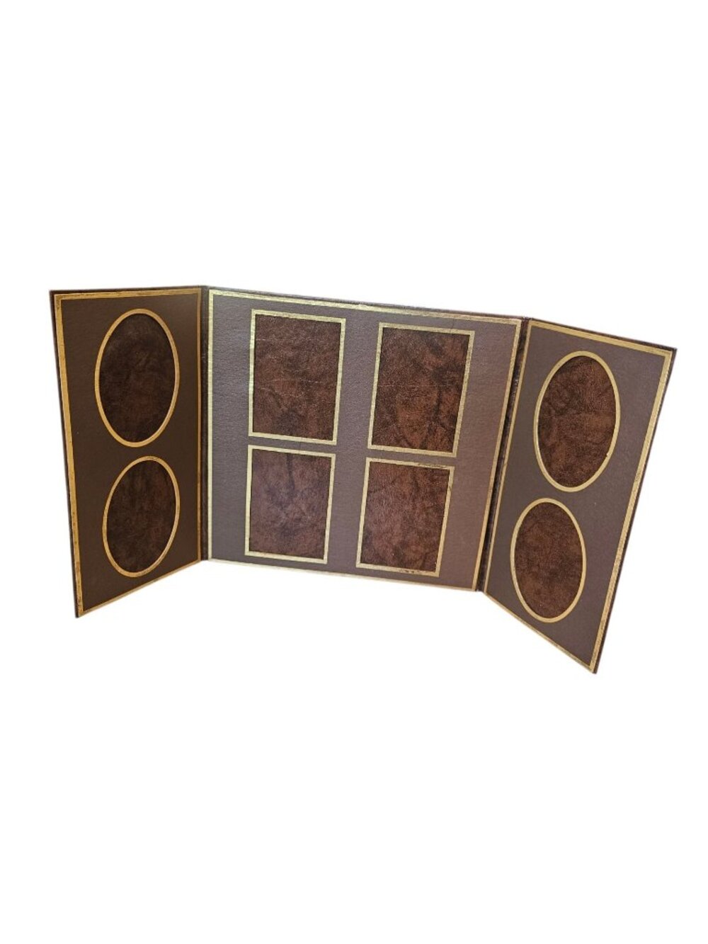 VTG 70s Faux Leather Photo Folio Collage Picture Frame Tri-fold Gold Holds 3x5